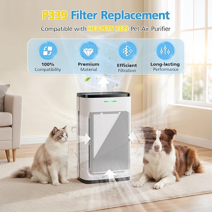2 Pack MPHELW-P339 Filter Replacement Compatible with HEAPETS P339 Pet Air Purifier, Clean Pet Hair, Smoke, Odors, HEPA + Activated Carbon Composite Filters with 4 Pre-Filters