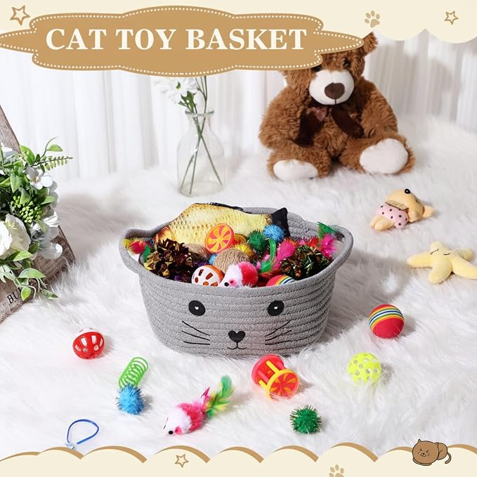 Zopeal 58 Pcs Summer Graduation Cat Storage Basket Gift Toys Set, Colorful Flashing Balls Pet Bell Crinkle Balls Spring Toys Attract Cat to Swat, Hunt, Interactive for Pet(Grey,9.8 Inch)