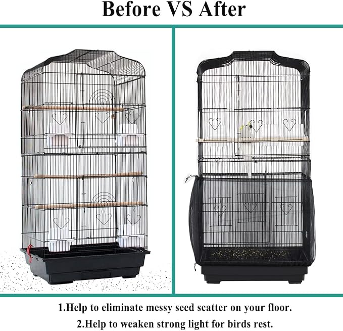 ASOCEA Bird Cage Seed Catcher and 2 Pack Bird Food Stainless Steel Cups Universal Bird Cage Cover Skirt, Adjustable Parakeet Cage Nylon Mesh Netting for Round Square Cages Prevent Scatter and Mess