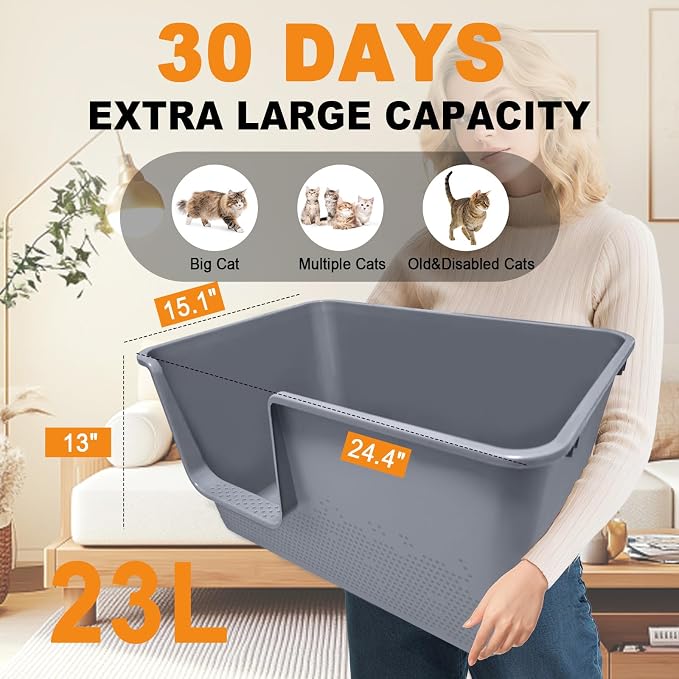 Jumbo Cat Litter Box with High Sides,24.4" L× 15.1" W× 13.0" H,Extra Large Litter Boxes for Big Cats & Kittens,XL Cat Pan,Indoor Pet Toilet with Tall Sides,Easy to Clean,Anti-Splashing(Grey)