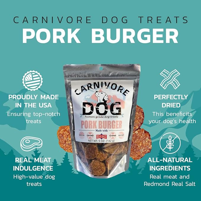 Carnivore Dog Treats, Human Grade, Hormone Free, Real Meat Made with Redmond Real Salt, No Additives - Healthy, Training Snacks or Treats for All Breeds, Pork Burger, Pack of 3