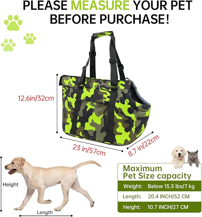 10mm Padded Tote Bag Carrier for Dog Cat Below 15.5lb/7kg-Camouflage Green