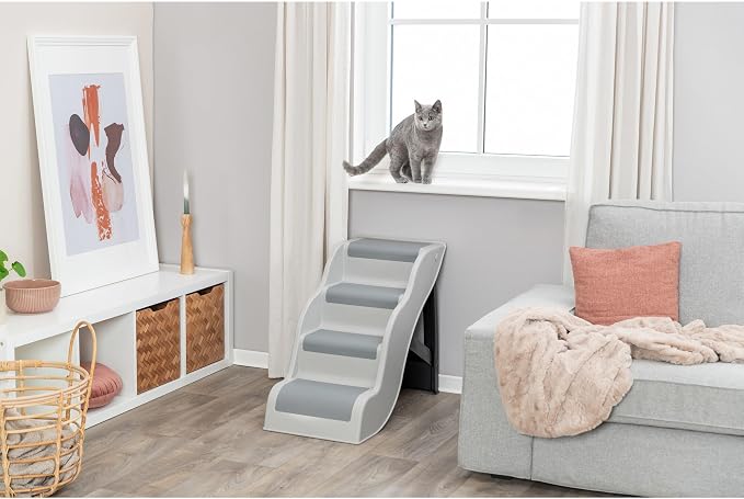 Trixie Lightweight 4-Step Pet Stairs, Gray | Non-Slip Rubber Treads, For Beds and Couches, Foldable, Easy to Store