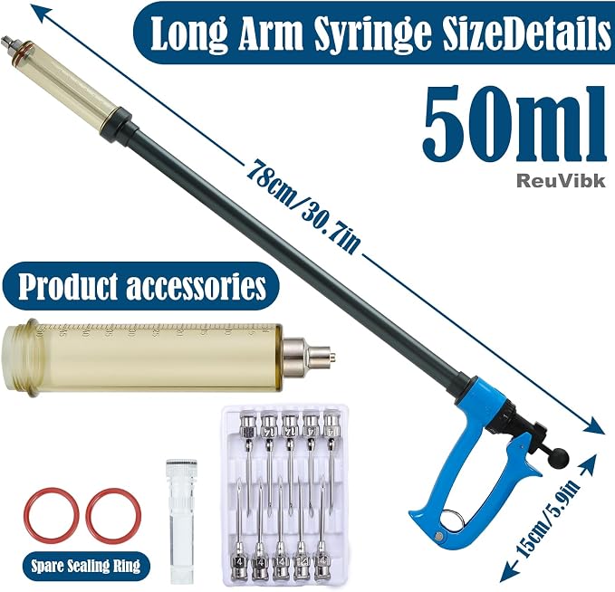 50 ML Livestock Iong Shot Pole Syringe, Cattle Syringe Gun | with Luer Lock 5 Gears Adjustable Continuous Repeating Veterinary Vaccine Injector for Cattle, Horses, Sheep & Pigs