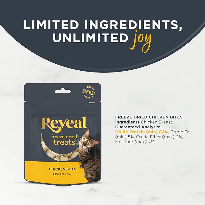 Reveal Chicken Freeze Dried Cat Treats 8-Pack, Single Ingredient, Grain Free, High Protein, Natural Cat Treats for Training, No Fillers, No Artificial Additives (8 x 0.88 oz Bags)