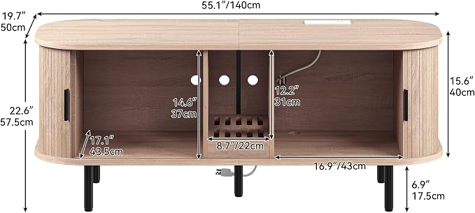 DWVO 55.1in Double Cat Litter Box Enclosure with Power Outlet, Wooden Kitty Litter Box TV Stand Furniture, Litter Box Furniture Hidden for 2 Cats, Light Oak
