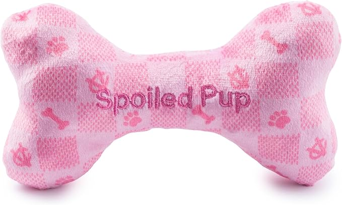 Haute Diggity Dog Chewy Vuiton Bone Plush Squeaky Dog Toy, Soft Durable Designer-Inspired Stuffed Puppy Chew Toys for Small & Medium Dogs, Machine-Washable (Pink Checker) Large