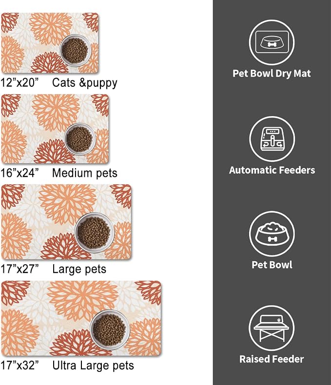 Dog Food Mats for Floors, Absorbent and Quick-Drying Pet Cat Food Mat,Anti-Fouling and Easy-to-Clean Pet Feeding Mat,Dog Bowl Mat for Messy Drinking Water Bowls.16x24, Bohemia Dahlia Floral Style