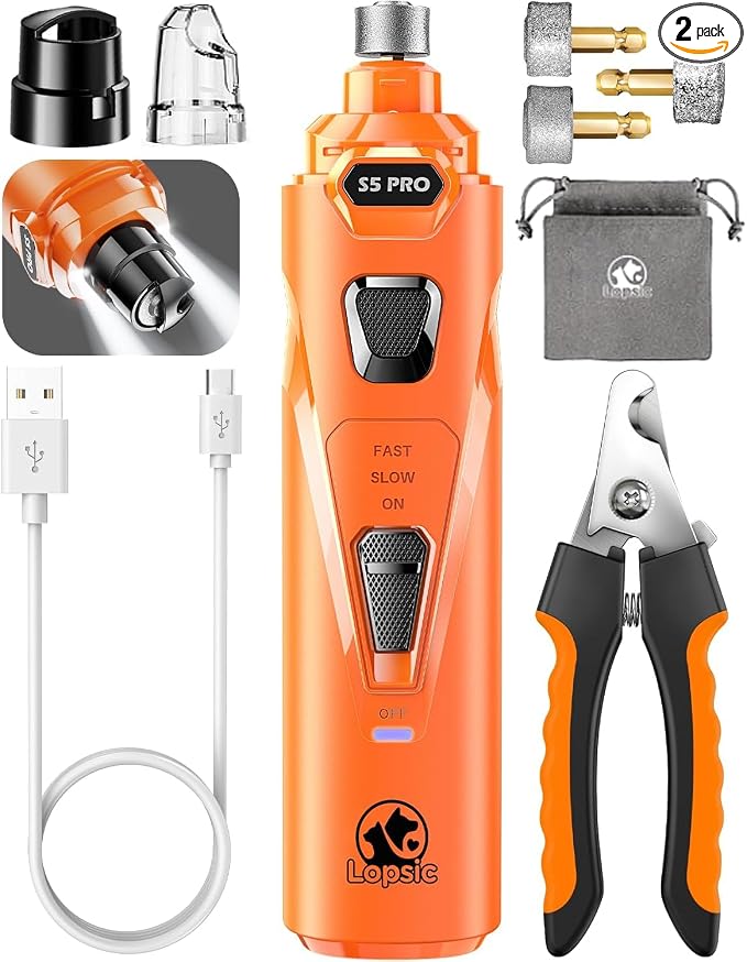 Whisper Quiet Dog Nail Grinder with 4 LED Lights, Safe & Stress-Free for Sensitive Dogs of All Breeds & Sizes, 3 Grinding Bits, 3-Speed, Pet Nail Trimmers, Rechargeable Painless Grooming Kit Orange
