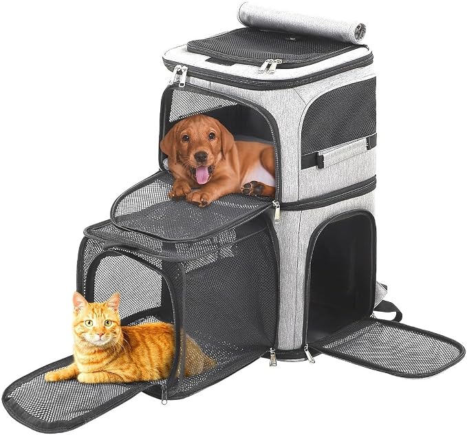Expandable Cat Backpack Carrier for 2 Cats, Dog Backpack for 2 Small Pets Dogs, Cat Carrier for Large Cats Multiple Pets, 7 Windows ventilation, Built-in Frame Support Plate and Safety Straps Foldable