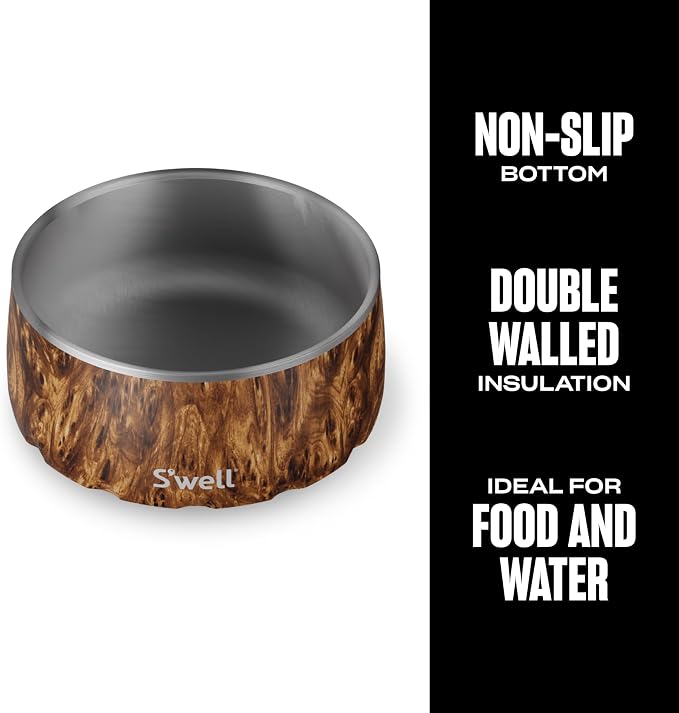 S'well Stainless Steel Pet Bowl, 32oz, Teakwood, for Small to Medium Size Dogs, Mess Free Design with Non Slip Rubber Bottom, Dishwasher Safe, BPA Free