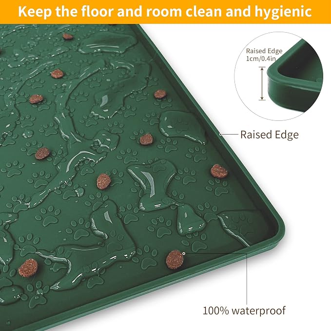 Ptlom Pet Placemat for Dog and Cat, Waterproof Silicone Pet Feeding Bowl Mats for Food and Water, Small Medium Large Dogs Mat Prevent Residues from Spilling to Floor, Hunter Green, 24.5" 16.5"