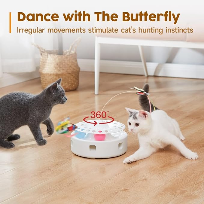 Cat Toys - 3 in 1 Interactive Automatic Kitten Toy, Fluttering Butterfly, Mobile Ambush Feather, Ball Track, Dual Power Sources, USB Powered, for Exercise, white