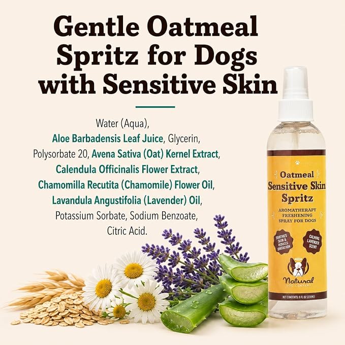 Natural Dog Company Sensitive Skin Deodorizing Spray 8 oz – Hypoallergenic Neutral-Scent Dog Spritz with Aloe, Oatmeal & Lavender – Free of Sulfates, Parabens & Artificial Fragrance