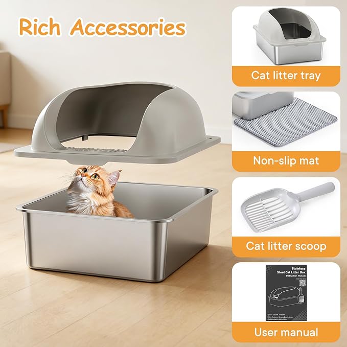 Extra Large Cat Litter Box with Lid, Stainless Steel Cat Litter Box with Scoop and Mat, High Walls for Anti-Urine Leakage, Easy Cleaning, Light Gray