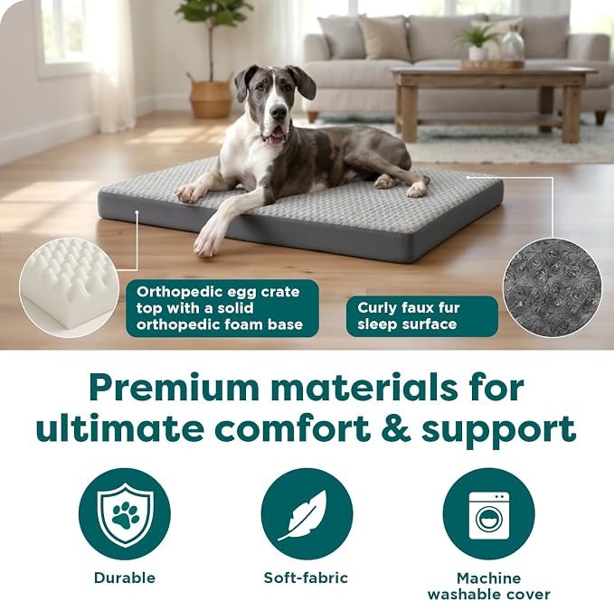 FurHaven Orthopedic Dog Bed for Large Dogs, Mattress Style Bed, Egg Crate with a solid Orthopedic Foam Base for Joint Support, Washable Cover, Jumbo Plus XXL, Plush Faux Fur & Suede, Gray