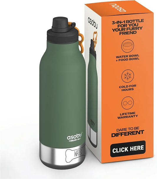 asobu Dog Barky Bottle – Insulated Stainless Steel Water Bottle with 2 Removable Dog Bowls for Food, Treats & Water – Pet-Friendly Travel Bottle for Hiking, Road Trips & Outdoor Adventures