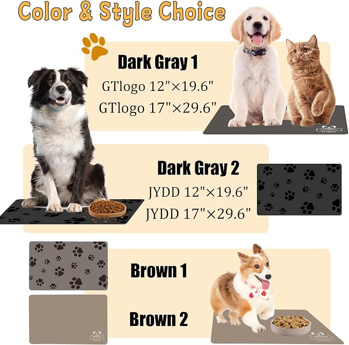 18"×30" Dog Food Mat-Absorbent Dog Mat for Food and Water, No Stains Quick Dry Cat Food Bowl Mat with Footprints for Messy Drinkers,Dark Grey