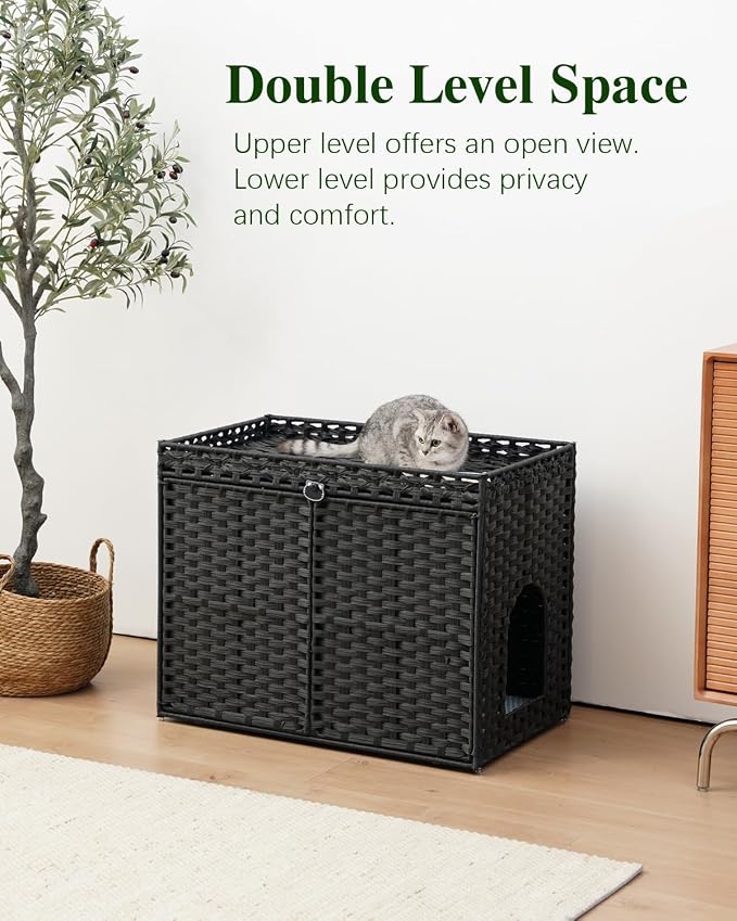 SETVSON Cat Litter Box Enclosure Furniture, Hidden Litter Box, Cat Litter Box Cabinet with 2 Litter Mats, Handwoven Rattan Large Space Cat House, Indoor for Living Room, Bedroom, Apartment Black