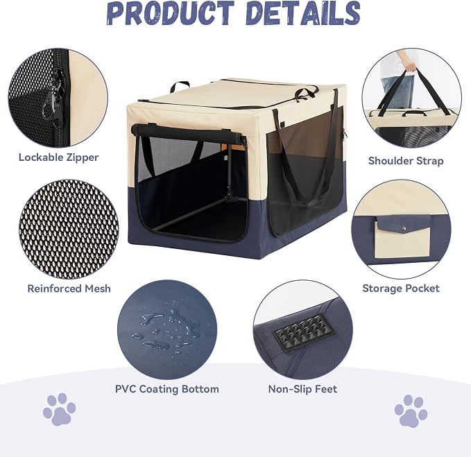 40" Collapsible Dog Crate for Large Dogs - Portable Soft Travel Kennel with Lockable Zippers, Waterproof Base, Washable Cover, Patented Screw Frame for Adjustable Tension, Outdoor, Indoor, Car Use