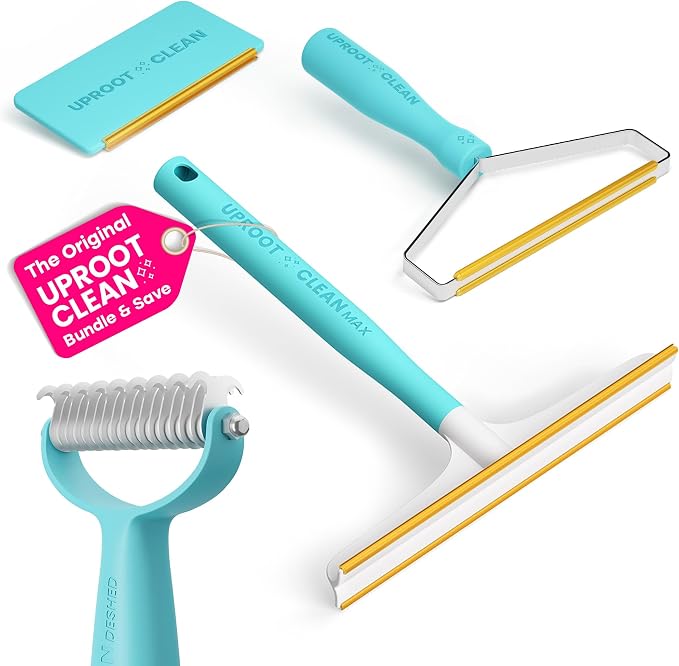 Uproot Clean Hairmageddon Survival Kit & Deshedder Set: 3 Uproot Clean Pet Hair Remover Sizes & Convenient Cat & Dog Brush for Shedding - Easy Grooming & Whole-House Fur Removal