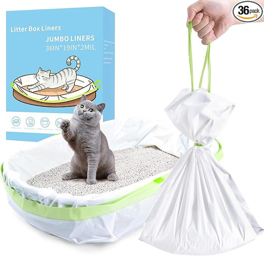 36 Count Jumbo Cat litter Box Liners, 36" x 19" Easy Clean Up Thick Large Kitty Litter Liner XL, Extra Large Heavy Duty Litter Pan Liner Bags with Drawstring for Pet Cat Litter Tray