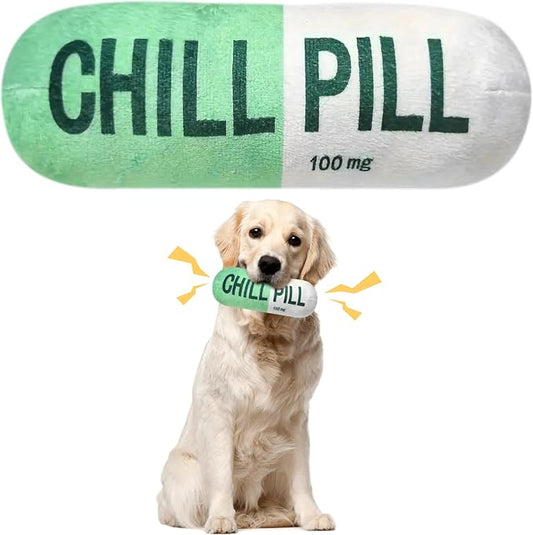 CUweipeng Dog Squeaky Chew Toy - Green Chill Pill Capsule Stuffing Teething Squeak Soft Plush Pet Puppy Toy Supplies Outward Hound Small Medium Large Breed Crinkle Dog Aggressive Chewer Keep Them Busy