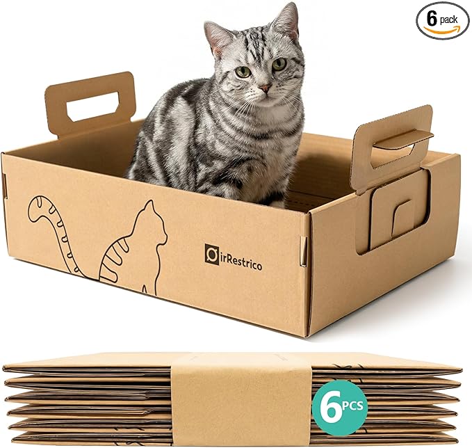 6-Pack Large Disposable Cat Litter Box, Recyclable Cardboard, Waterproof & Leak-Resistant, Portable for Travel, Temporary and Home Use