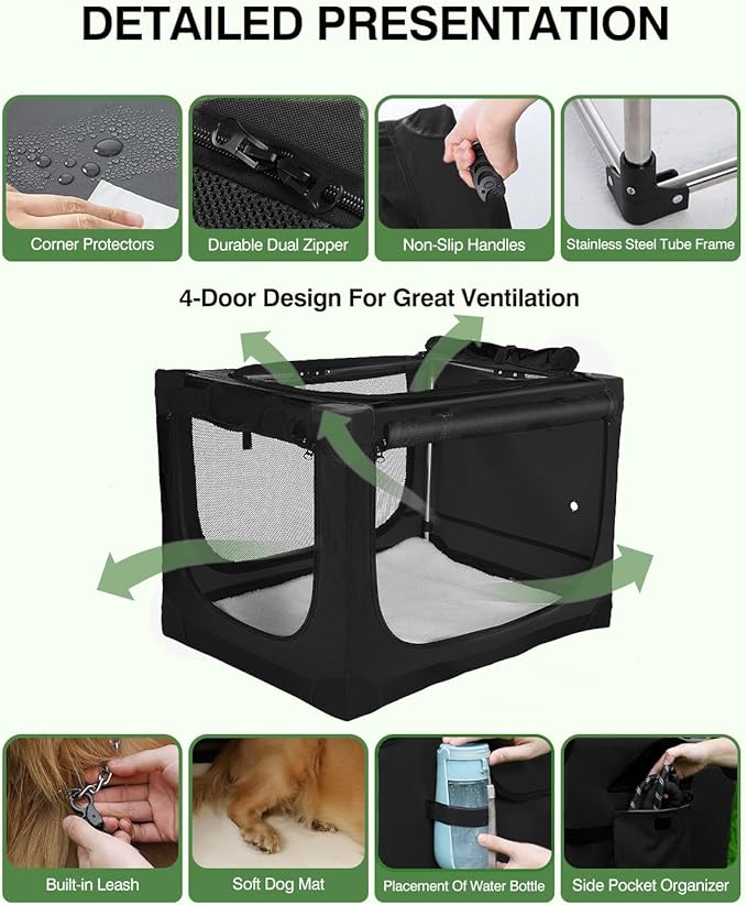 Veraste 30" L x 21" W x 21" H Collapsible Travel Dog Crate, Portable Soft Dog Kennel for Medium Dogs up to 45 lbs, 4-Door Foldable Travel Crate with Durable Mesh & Storage Bag, Black