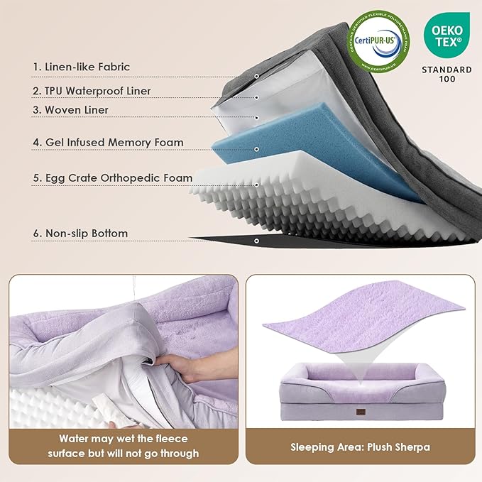 EHEYCIGA Orthopedic XL Dog Bed for Large Sized Dog, 48x35 Inch Extra Large Memory Foam Dog Couch Bed with Sides, Waterproof Liner & Washable Removable Cover, Bolster Pet Sofa, Purple