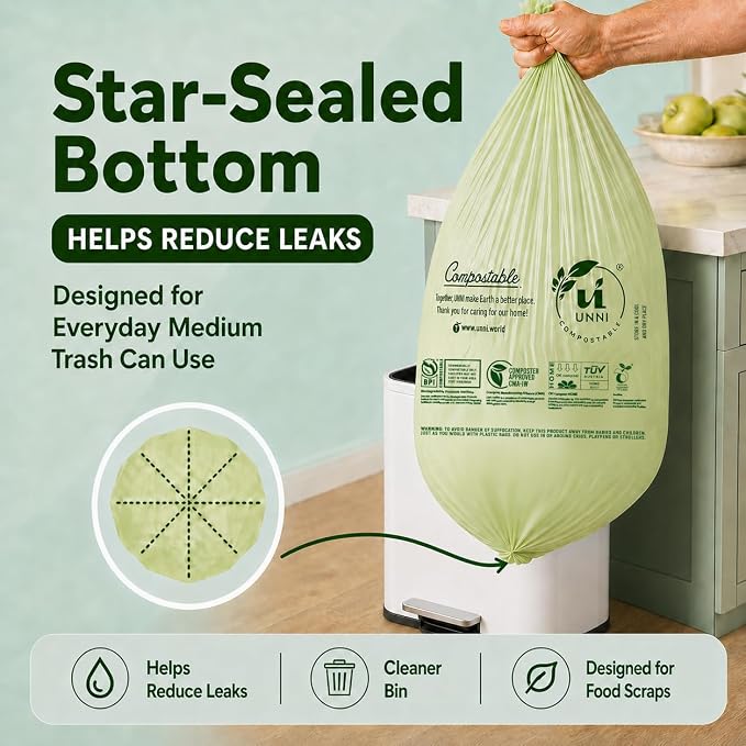 UNNI Compostable Trash Bags, 8 Gallon / 30 Liter, 100 Count, Extra Thick 0.85 mil Medium Kitchen Food Scrap Bin Liners, Certified by BPI, CMA & OK compost HOME, Meets the ASTM D6400 Standard