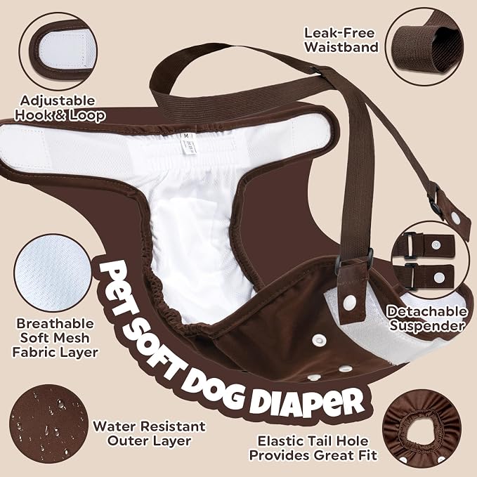 Pet Soft Dog Diapers Female with Suspenders, 3 Pack Reusable Female Dog Diapers for Heat, Dog Period Panties for Doggie in Cycle(X-Large, Bear Brown)