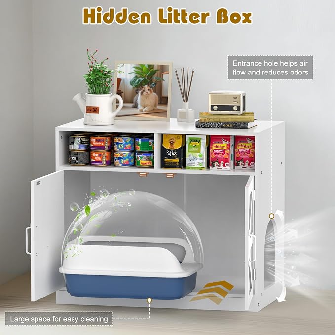 Hidden Cat Litter Cabinet,Ultra-Large Wooden Enclosed Litter Box Fumiture 2-Door Storage Cabinet 2 Open Drawers 1Air Vents Cat Litter Furniture Fit Most of Litter Box.(Whits, No Drawers)