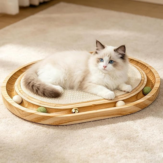 Cat Scratcher Toy with Ball Track, Kitten Interactive Toy, Natural Sisal Cat Scratch Pad for Indoor Cats, Sturdy Solid Wood Frame, Physical Exercise for Kitty & Medium Cat
