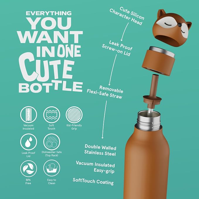asobu Bestie Bottle Insulated Stainless Steel Water Bottle with Detachable Soft Animal Head Fun Drinking For Kids and Teens with Flexible Reusable Straw 16 Ounce (Fox)