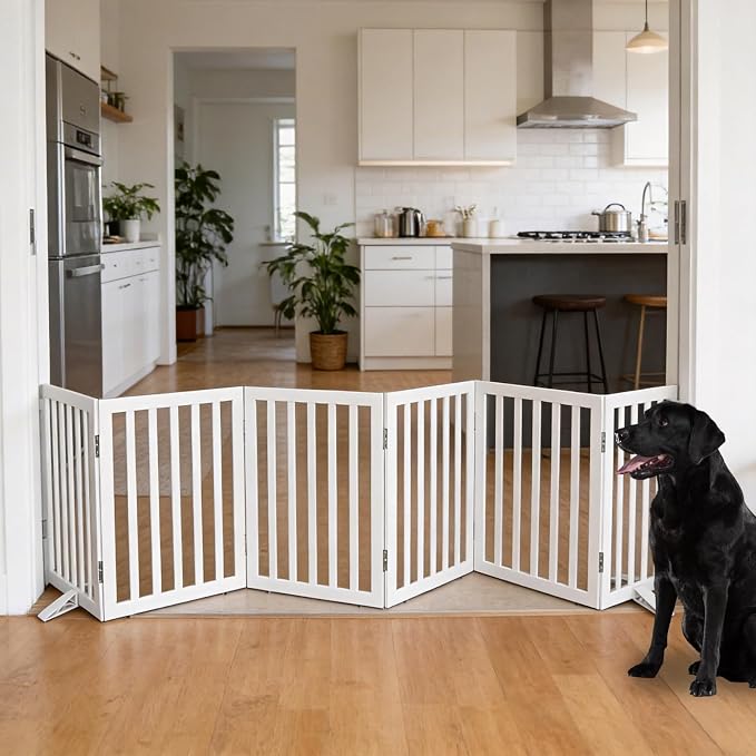 ZJSF Freestanding Indoor Dog Gate for House Foldable Wood White Puppy Gate for Doorways Pet Gate for Stairs Extra Wide Pet Fence 24" Height 6 Panels