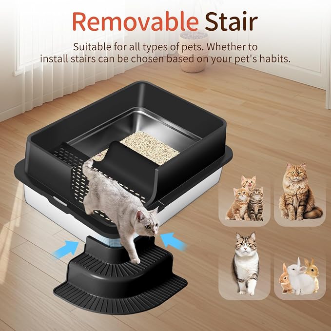 XXXL Stainless Steel Litter Box, 28"x20"x12" Extra Large Semi Enclosed High Sided Metal Cat Litter Box with Filtered Grid, Step, Scoop, Non-Sticky, Non-Odor, Easy Cleaning (Black)