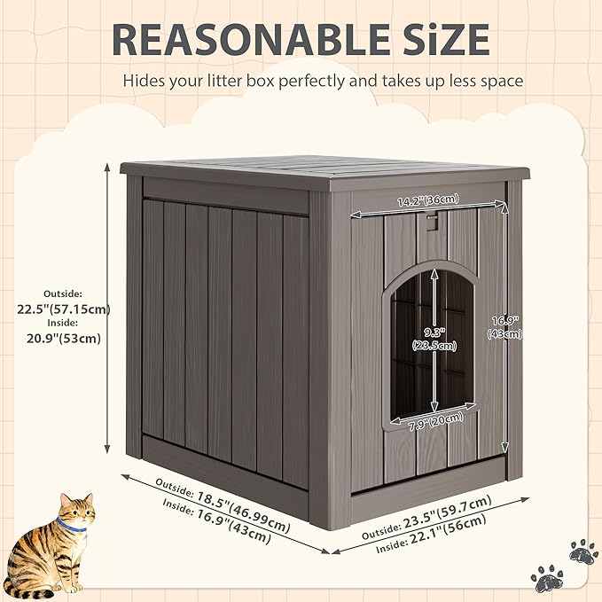 Cat Litter Box Enclosure, Plastic Outdoor Cat House Weatherproof, Multi-Functional Hidden Litter Box Furniture for Living Room, Backyard, Patio, Black