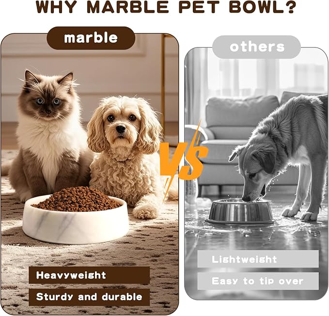 SAMAH White Marble Dog Bowl, Non-Slip Dog Food Water Bowl, Small Weighted Stone Dish, Natural Marble Heavy Pet Bowl, Easy to Clean, Gifts for Cat Lovers, Perfect Cat Dog Gifts, Holds 4 Cups(5 lbs)