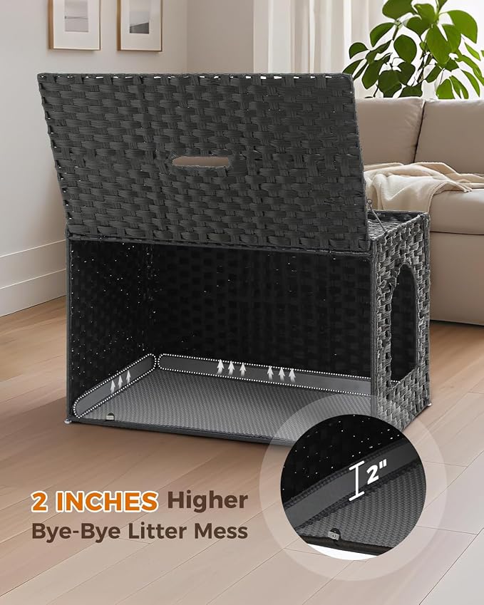 MUTTROS Rattan Cat Litter Box Enclosure - Hidden Litter Box Furniture by Handwoven Wicker with Taller Doorway & Raised Edge Mat-Cat House Cabinet for Large Cats Indoor Living Room Odor Control, Black