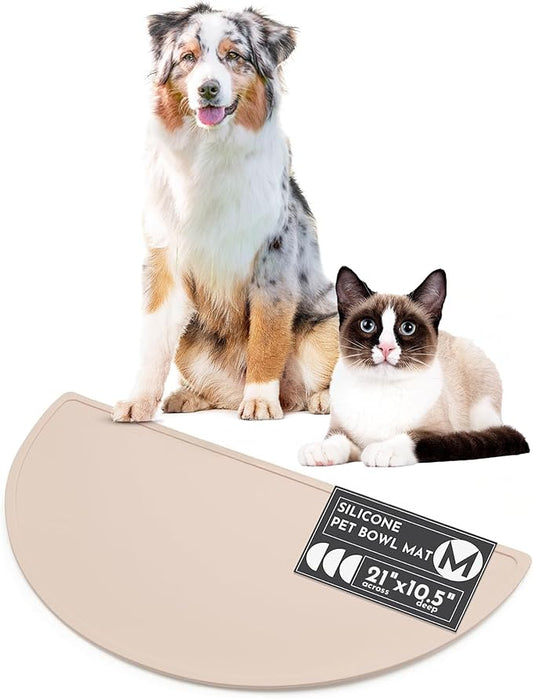 Should We Go? Waterproof Silicone Dog Food Mat – Medium Size Non-Slip Pet Bowl Mat, Raised Edge Design, Easy-to-Clean Pet Food Placemat for Dog & Cat Bowls, 21" Across x 10.5" Deep - Natural Sand
