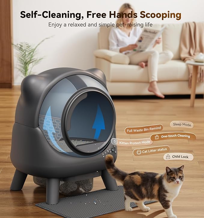Automatic Litter Box, FEELNEEDY Self Cleaning Litter Box, Odor Control Robot, Cat Ears Design, 65L APP Real-Time Monitor, Cat Litter-Boxs for Multiple Cats, Safety Sensors, with 1 Trash Bag