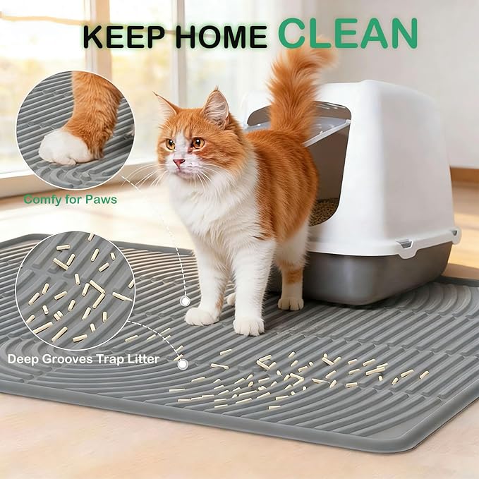 SORKUT Cat Litter Mat for Litter Box, 40x28 Inch Extra Large Silicone Litter Trapping Mat, Waterproof & Non-Slip Floor Protector, Soft on Kitty Paws, Easy to Clean & Durable, Gray