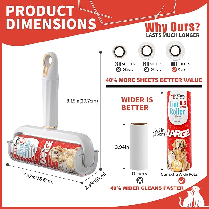 Minson’s BestShop Extra Sticky Lint Roller, 6.3” Extra Wide, 720 Sheets for Pet Hair Removal, The Ultimate Duo Supply Pack with 2 Ready to Use Handles & 6 Refills, Dog and Cat Lint Remover