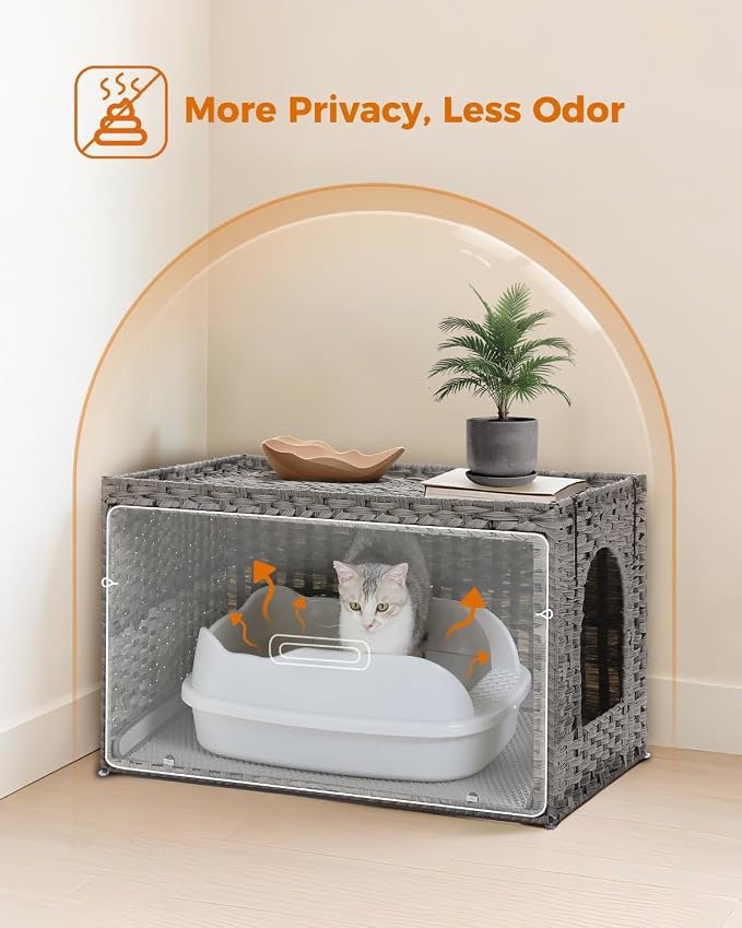 MUTTROS Rattan Cat Litter Box Enclosure - Extra Large Hidden Litter Box Furniture by Handwoven Wicker with Taller Doorway & Raised Edge Mat-Cat House Cabinet for Large Cats Indoor Odor Control, Gray