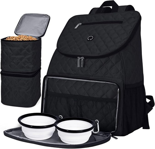 BAGLHER Dog Travel Bag, Airline Approved Pet Supplies Backpack, Dog Travel Backpack with 2 Silicone Collapsible Bowls and 2 Food Baskets, Black