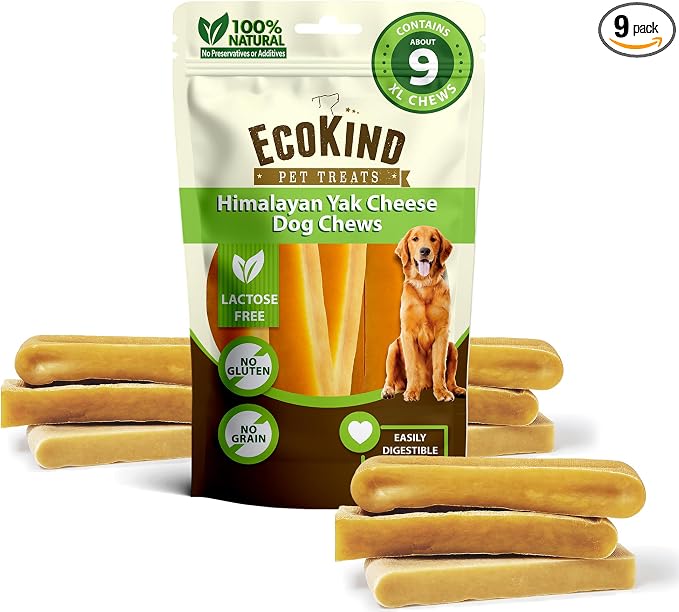 EcoKind Yak Cheese Himalayan Dog Chews, Yak Chews for Large Dogs, Long Lasting Bone for Aggressive Chewers, 3 Ingredients, Natural High Protein Treats, No Additives or Lactose, XL - 9+ Chews (3 lbs)