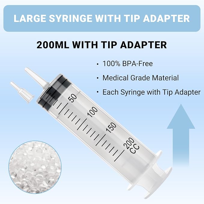 200ml Large Syringe, Plastic Syringe with Tip Adapter, for Scientific Labs, Measuring, Watering, Refilling, Filtration Multiple Uses, Individual Sealed, 5 Pack