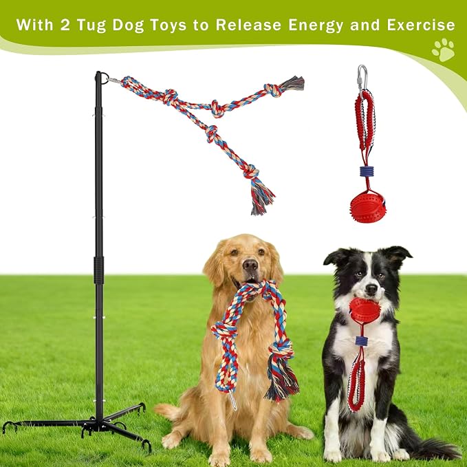 Outdoor Dog Tug Toy for Backyard, Dog Tether Toy, Adjustable Height Durable Spring Pole Dog Toy for Small Medium Dogs, Interactive Hands-Free Dog Exercise Toy with 2 Chew Rope Toys