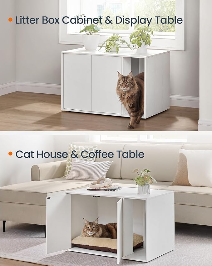 SONGMICS HOME Cat Litter Box Enclosure, Snapsemble Superfast Assembly, Litter Box Furniture for Large Cats, Display Side Table, Push-to-Open Doors, Minimalist Modern, Snow White UPCL013W01